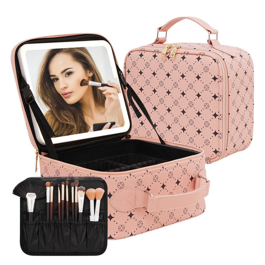 M Y U R E N Travel Makeup Bag With 360° rotating LED Mirror,Waterproof cosmetic organizer,Portability Cosmetic case,Makeup organizer,Gift for Women,Girls Gift (Pink)