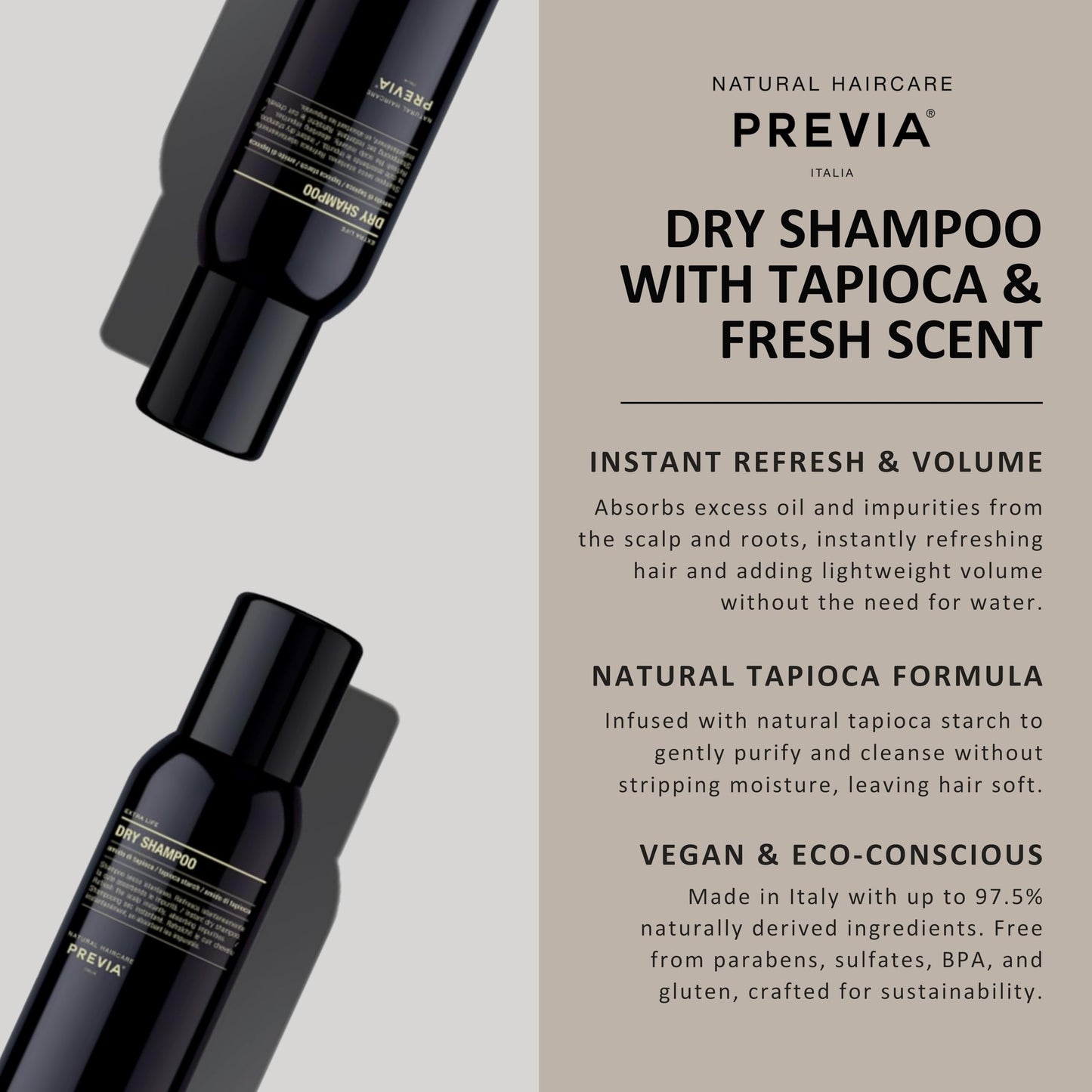 PREVIA Extra Life Dry Shampoo | Instant Scalp Refresh with Natural Tapioca Starch | Absorbs Excess Oil & Impurities | Fruity, Fresh, Woody Fragrance | Vegan Haircare for All Hair Types | 6.76 oz