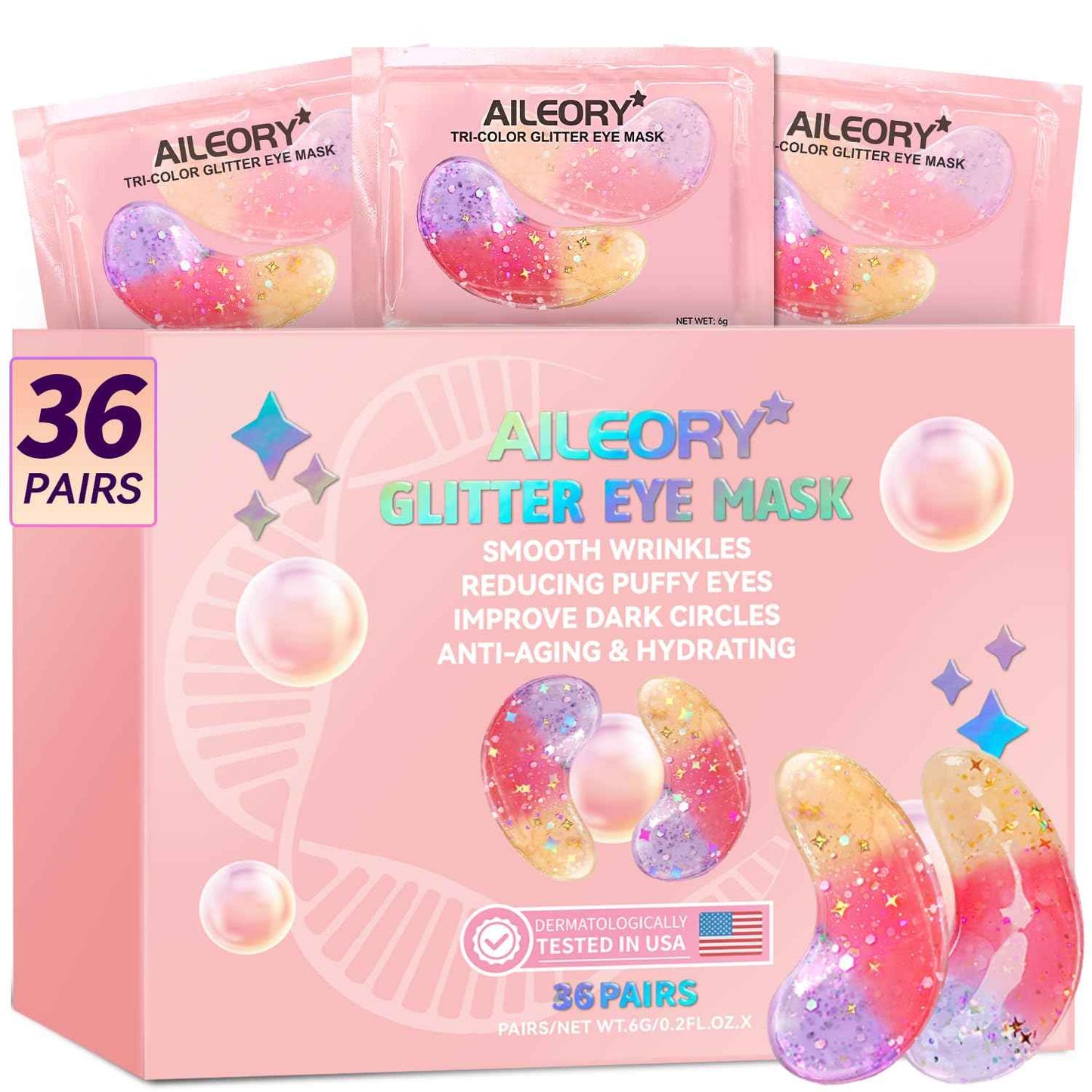 AILEORY Under Eye Patches (36 Pairs) - New Tri-color Glitter Eye Gel Pads for Dark Circles Puffy Eyes,Under eye Bags,Wrinkles|Natural Collagen Under Eye Mask Patches, Gel Under Eye Patches