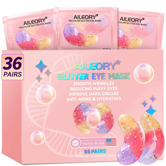 AILEORY Under Eye Patches (36 Pairs) - New Tri-color Glitter Eye Gel Pads for Dark Circles Puffy Eyes,Under eye Bags,Wrinkles|Natural Collagen Under Eye Mask Patches, Gel Under Eye Patches