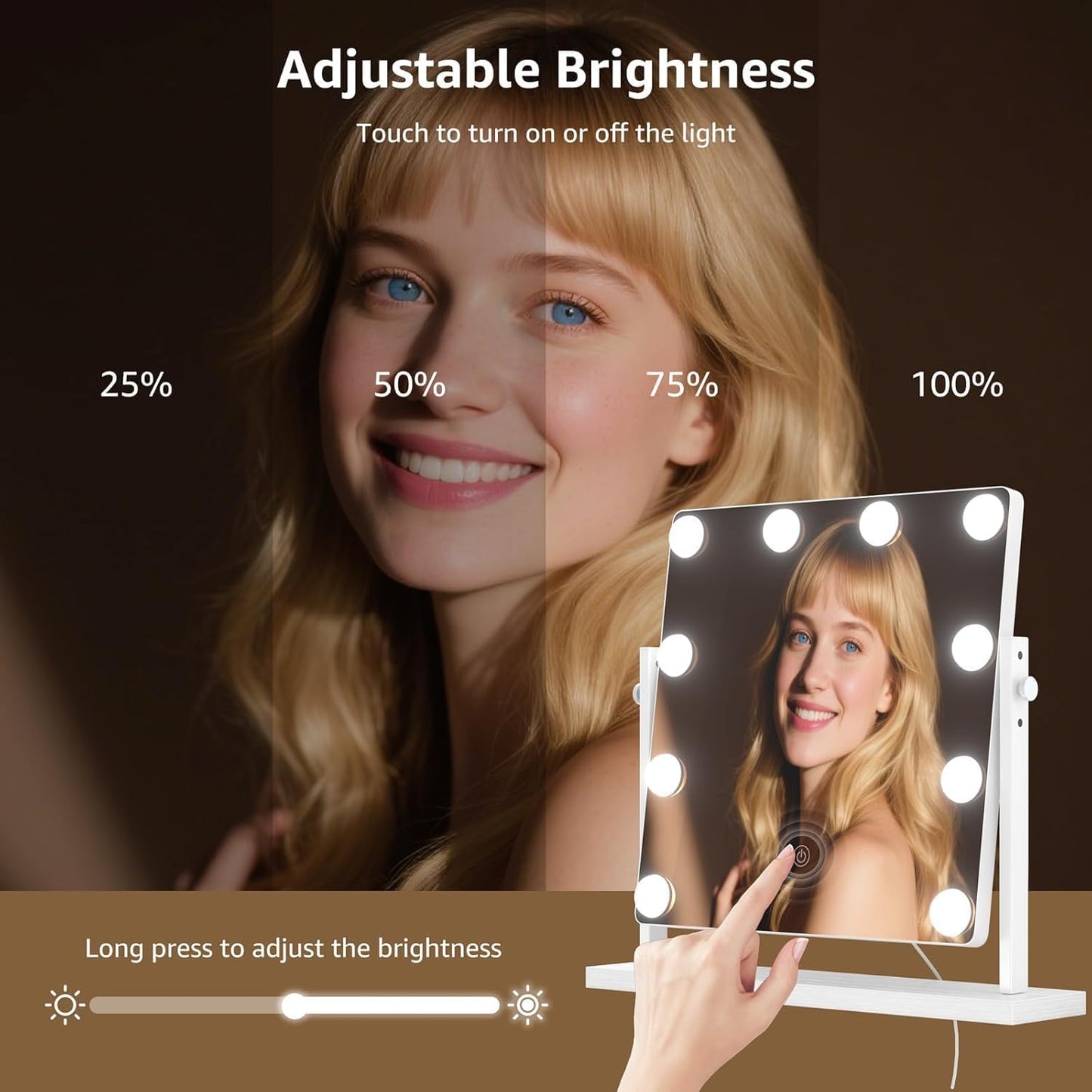 Hollywood Makeup Vanity Mirror with Lights - Adjustable Height, 3-Color Dimmable Lighting, 360° Rotation | 15.7" Size