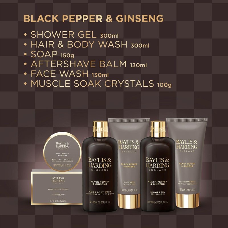 Baylis & Harding Gift Set for Men - Luxury Shower & Prep Pack - Black Pepper & Ginseng