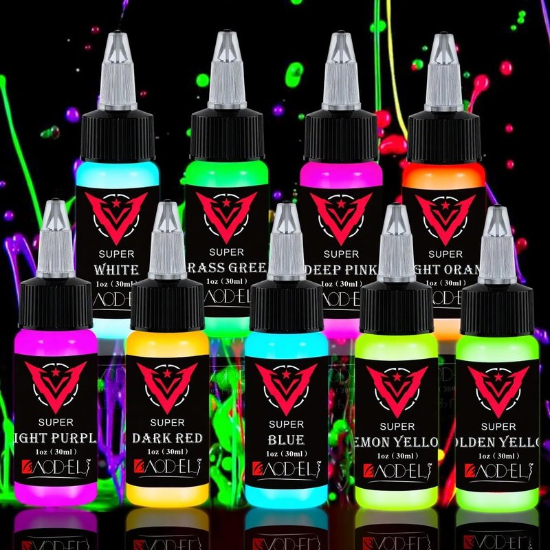 Fluorescent Tattoo Ink Set - 9 Colors for Glow-in-the-Dark Body Art | Skin-Safe 1oz Bottles