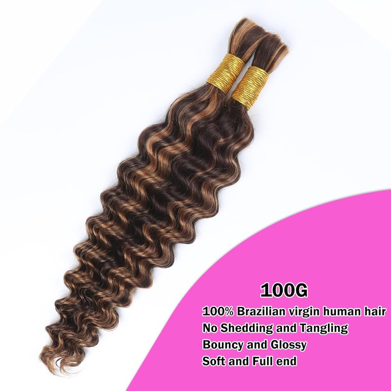Deep Curly Wave Bulk Human Hair - Brazilian Virgin Hair for Micro Braiding | 20-Inch, P4/30 Highlight