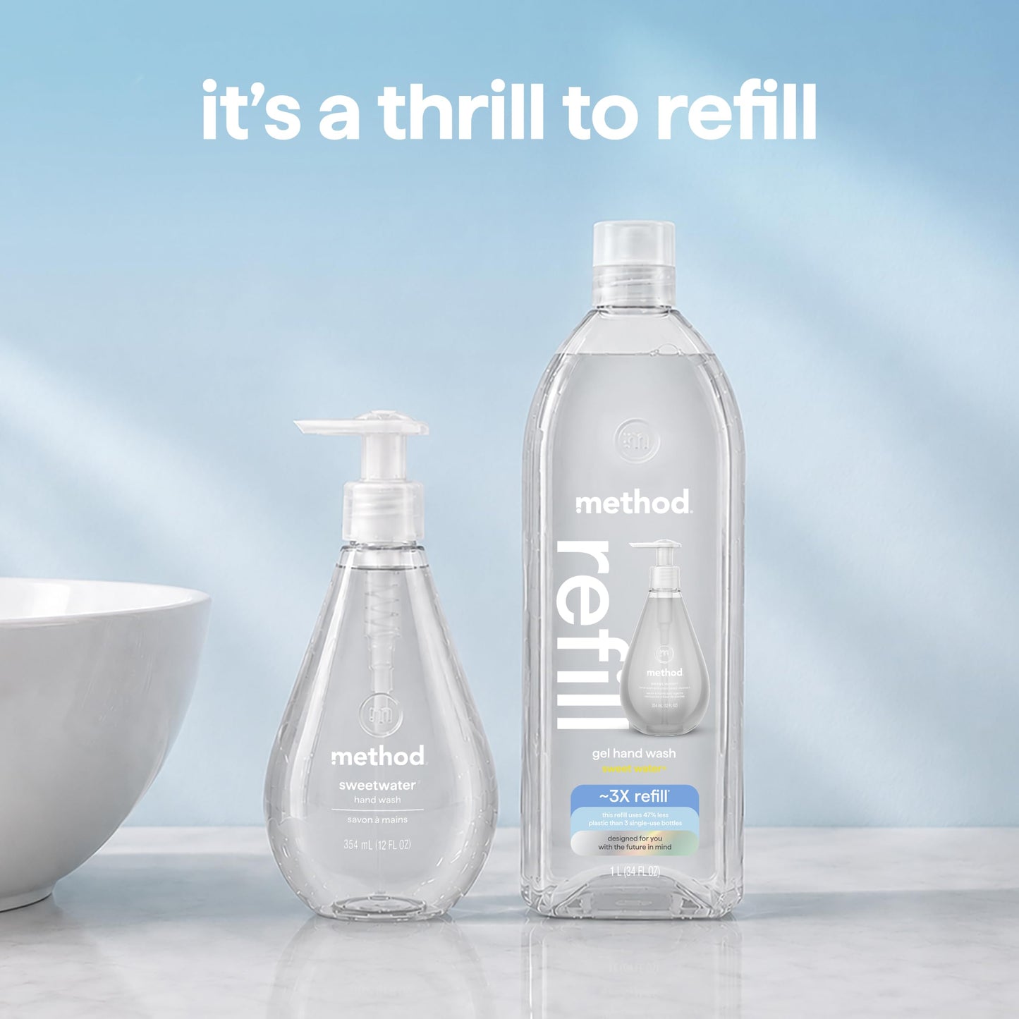 Method Gel Hand Wash Refill, Sweet Water - Refills Up to 3X, Made without Parabens, Dewy Lemon Leaf, Grapefruit & Star Jasmine Notes, 34 fl oz, 4 pack