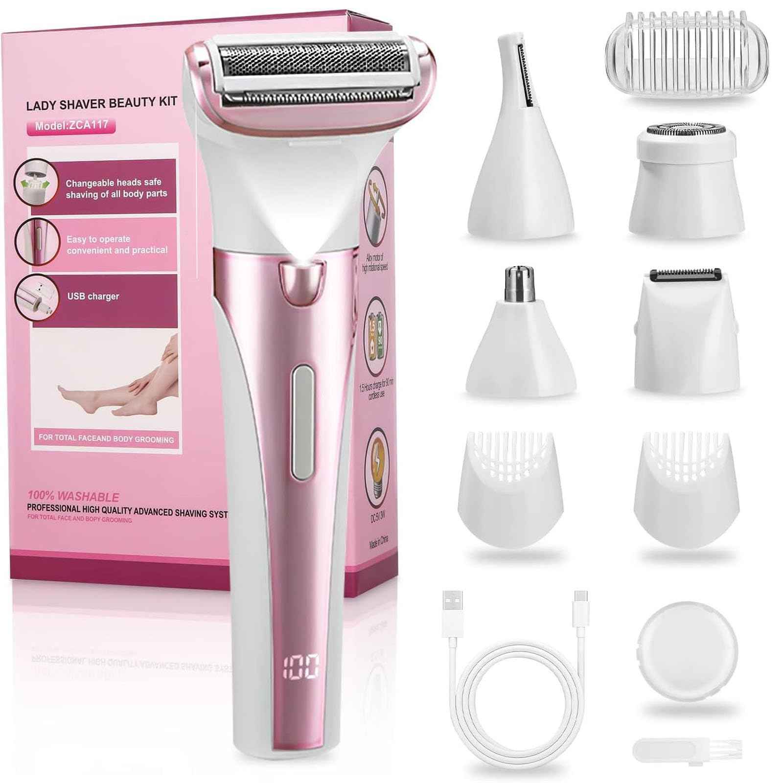 5 in 1 Bikini Trimmer for Women, Electric Razors for Women with LED Light & LCD Display, Wet/Dry Pubic Body Hair Trimmer, Waterproof Easy Cleaning Body Shaver Bikini Razor with 5 Trimmer Heads