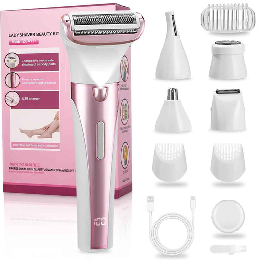 5 in 1 Bikini Trimmer for Women, Electric Razors for Women with LED Light & LCD Display, Wet/Dry Pubic Body Hair Trimmer, Waterproof Easy Cleaning Body Shaver Bikini Razor with 5 Trimmer Heads