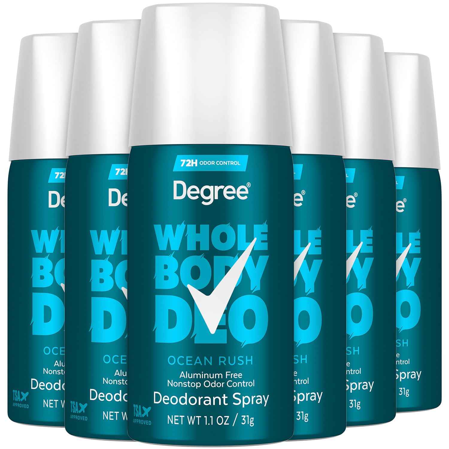 Degree Whole Body Deo Spray, Ocean Rush 6-Pack – Aluminum-Free Deodorant for Men, Travel-Size, 72H Odor Control, 1.1 Oz Ea