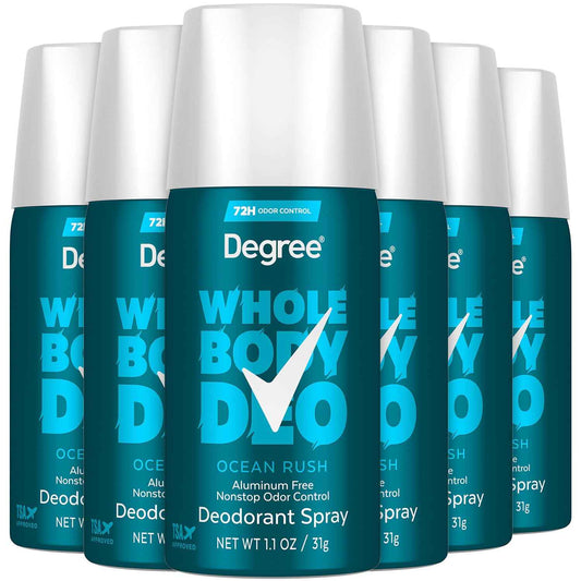 Degree Whole Body Deo Spray, Ocean Rush 6-Pack – Aluminum-Free Deodorant for Men, Travel-Size, 72H Odor Control, 1.1 Oz Ea