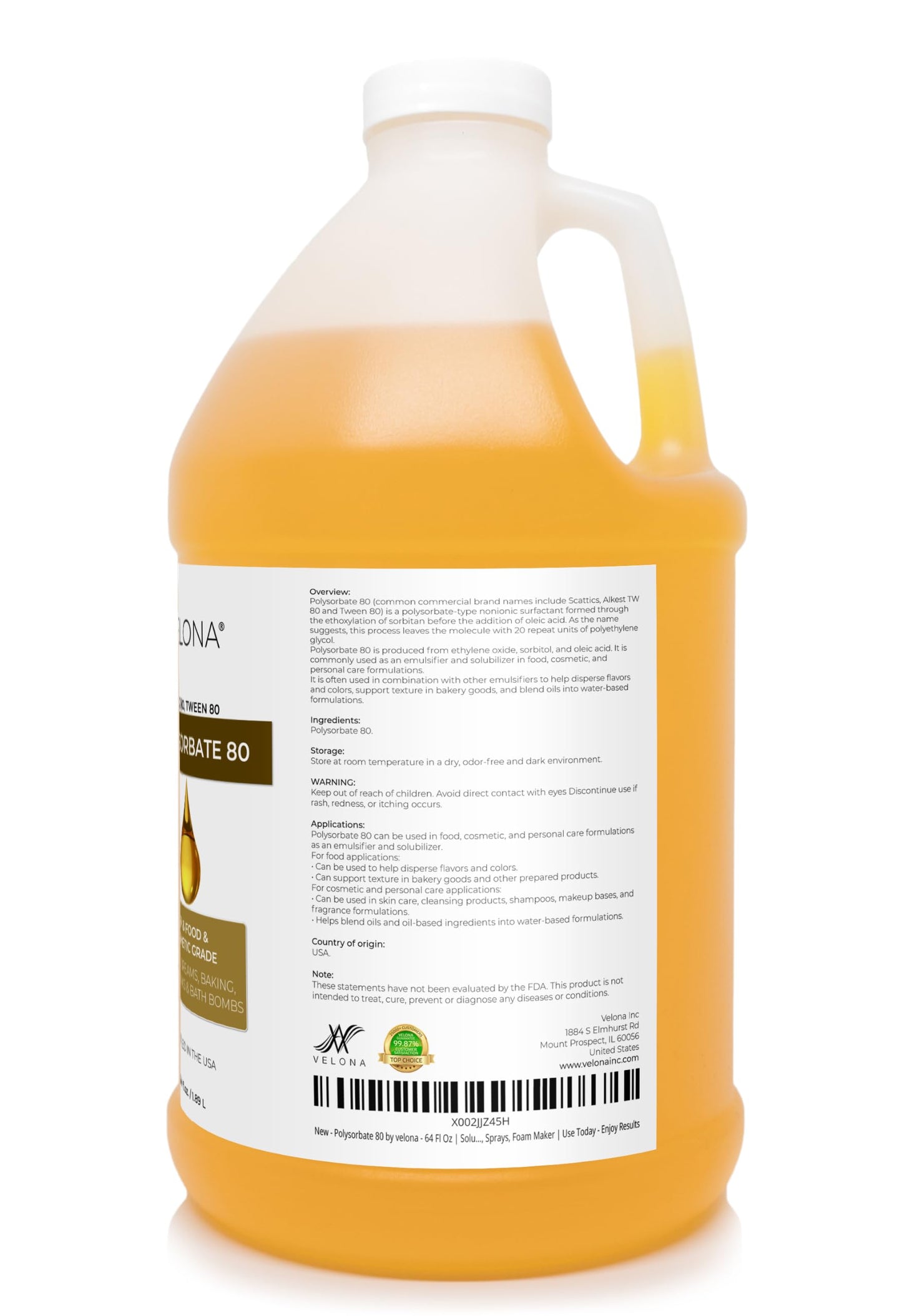 Polysorbate 80 by Velona - 64 Fl Oz | Solubilizer, Food & Cosmetic Grade | All Natural for Cooking, Skin Care and Bath Bombs, Sprays, Foam Maker | Use Today - Enjoy Results