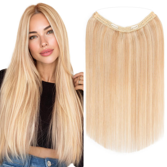 MY-LADY Halo Hair Extensions Real Human Hair for Women Chestnut Brown & Dark Blonde Clip in Remy Hairpiece with Adjustable Invisible Wire 14 Inch 70G