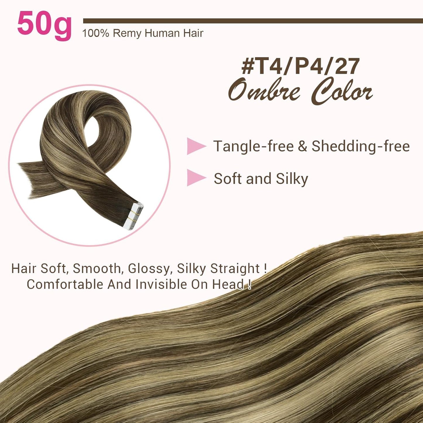 Tape In Hair Extensions - 16 Inch Human Hair Skin Weft | Thick & Straight, Chocolate Brown & Caramel Blonde #4/27/4, 50g, 12 Pieces Replacement Tape