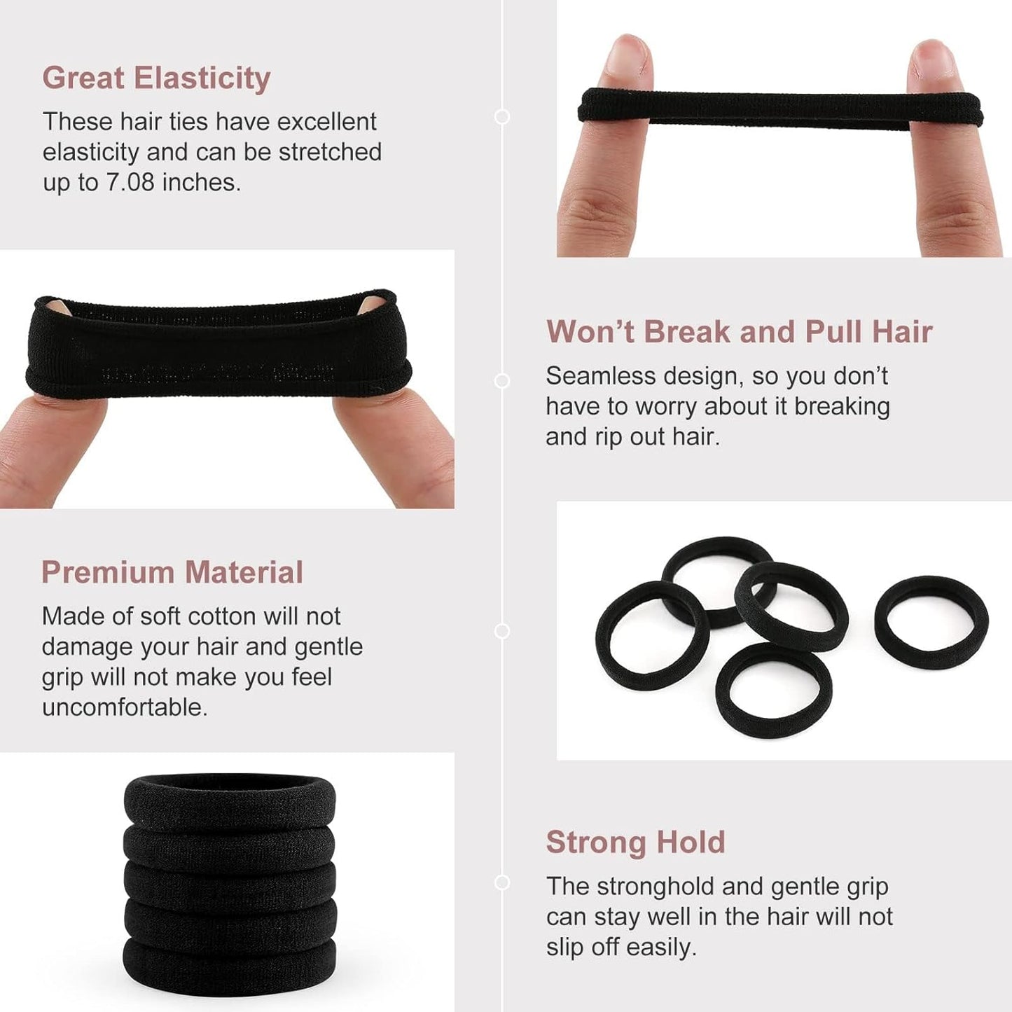 100PCS Black Hair Ties for Women Girls, Seamless Thick Black Hair Band, Elastic Hair Ties No Damage Ponytail Holder