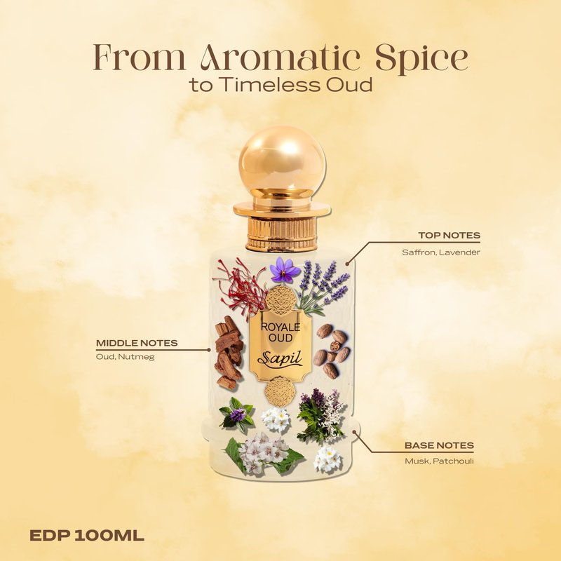 Sapil Royale Oud Eau de Parfum – Long Lasting Unisex Oud Perfume | Saffron, Oud & Patchouli Notes | Rich Royal Signature Fragrance | 3.4 oz / 100ml