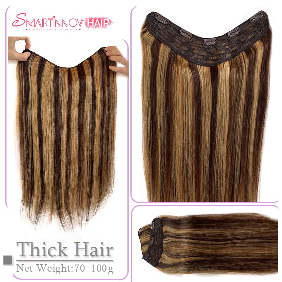 Human Hair Clip-In Extensions - Ombre Chocolate Brown to Caramel Blonde | 14" 70G V-Shape Balayage with 5 Secure Clips