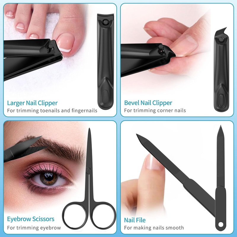 ESSBES Manicure Set 10 in 1 Stainless Steel Nail Clippers Scissors Tweezers Grooming Kit with Travel Case (Black)