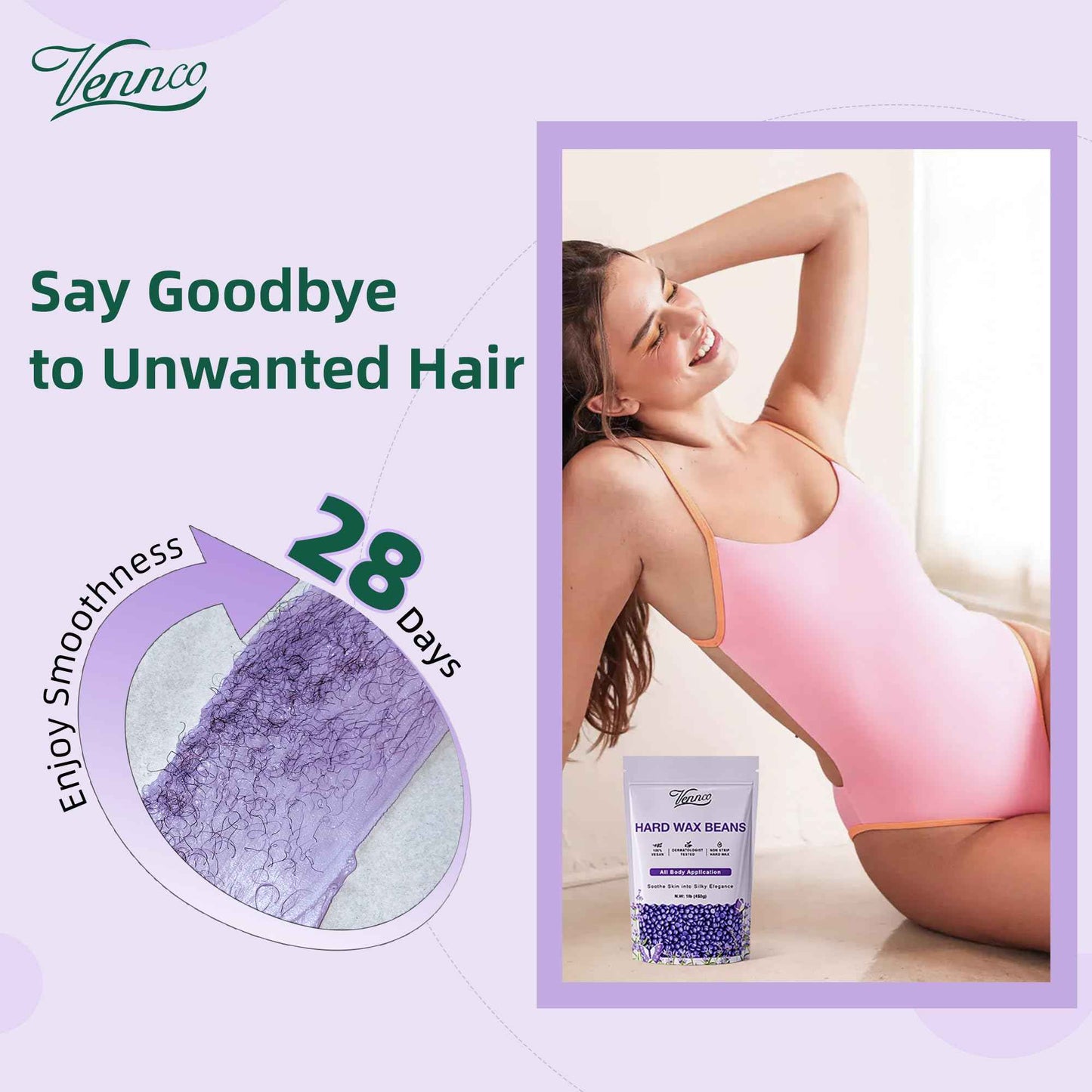 VENNCO Hard Wax Beads, 1lb Wax Beans with Lavender Essence, Gentle on All Skin Types, Suitable for Legs, Back, Chest, and Bikini, Waxing Beads Refill for Easy Hair Removal at Home