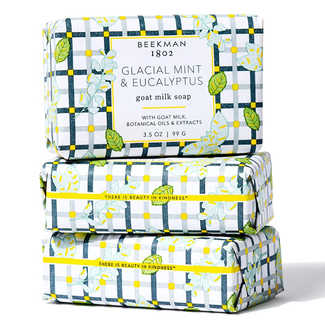 Beekman 1802 Glacial Mint & Eucalyptus 3-Pack Palm-Sized Bar Soap Set - Scented - 3.5 oz - Cleanses, Nourishes & Hydrates - Certified Microbiome Friendly - No Irritation - Good for Sensitive Skin