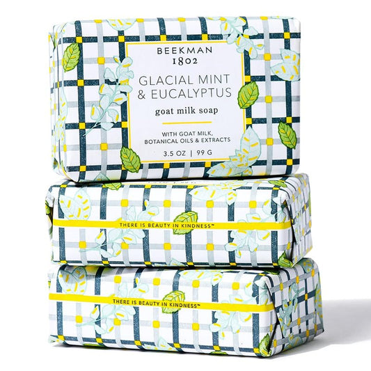 Beekman 1802 Glacial Mint & Eucalyptus 3-Pack Palm-Sized Bar Soap Set - Scented - 3.5 oz - Cleanses, Nourishes & Hydrates - Certified Microbiome Friendly - No Irritation - Good for Sensitive Skin