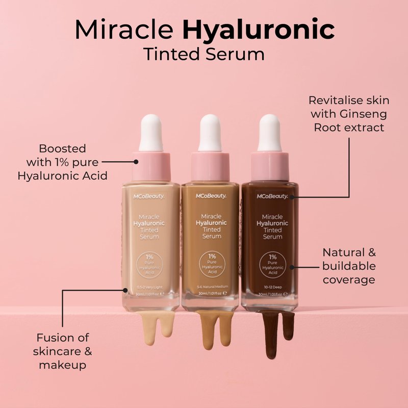 MCoBeauty Miracle Hyaluronic Tinted Serum 3-4 Light Medium - Hydrating Skin Tint Foundation with Hyaluronic Acid Ginseng - Buildable Sheer to Medium Coverage Dewy Finish - Vegan Cruelty Free Makeup