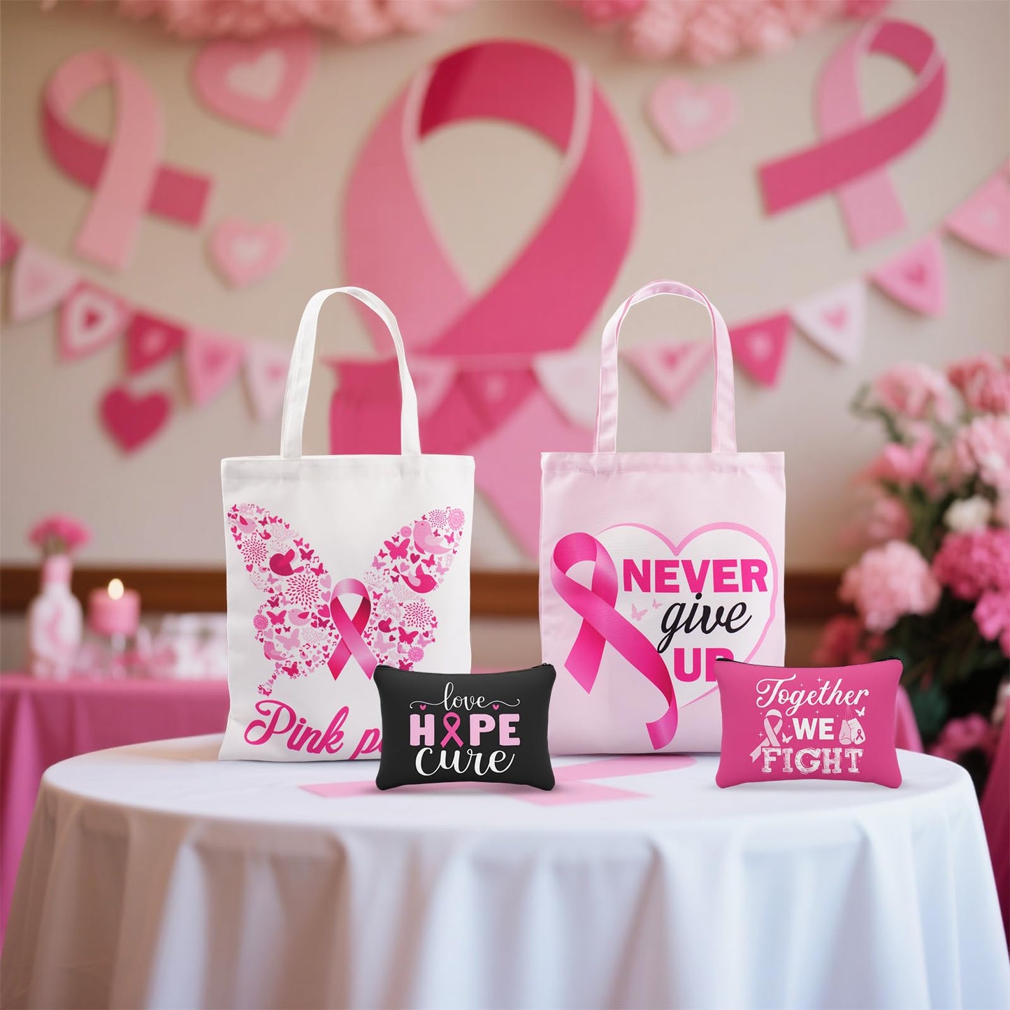 Blosssound 12 Pcs Gift for Women Canvas Tote Bag Cosmetic Makeup Bag(Breast Cancer)