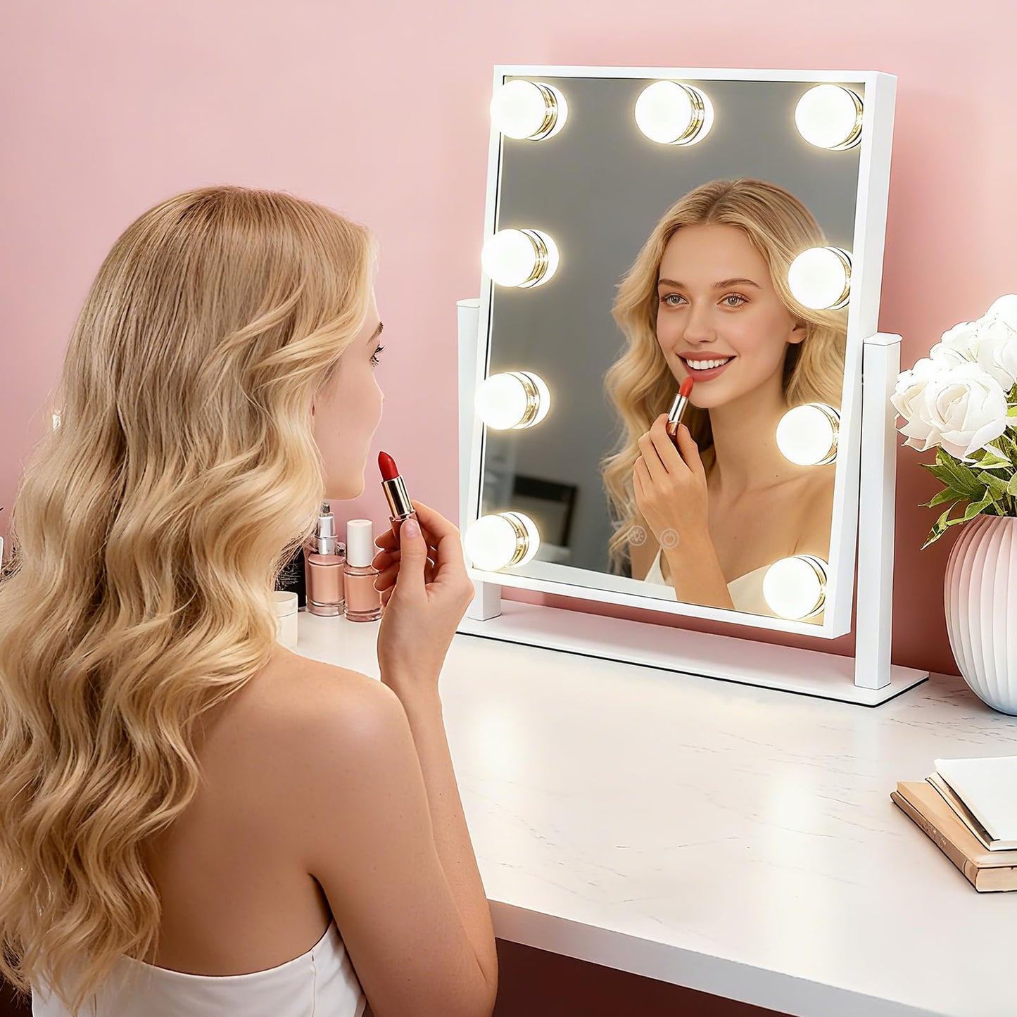 Vanity Mirror with Lights, Lighted Vanity Mirror with 9 Dimmable Bulbs for Dressing Room & Bedroom, 3 Color Lighting Modes, Detachable 10x Magnification 360°Ratation (White)