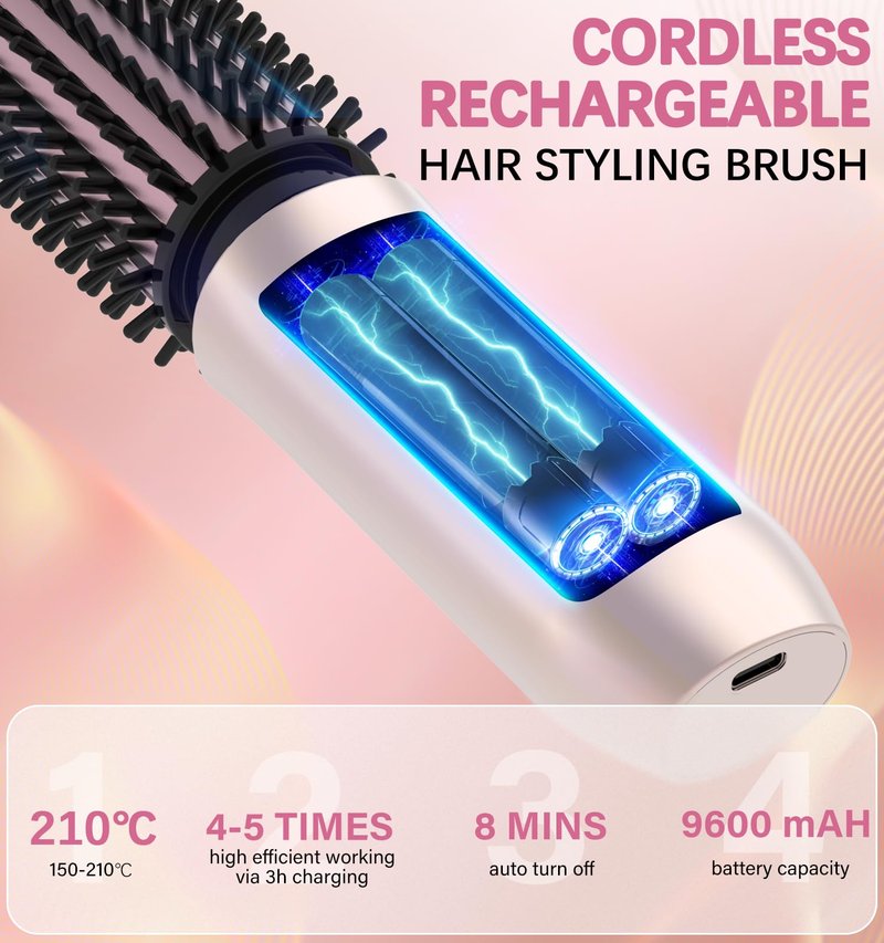 JAMIEWIN Cordless Hair Curling Iron Brush, Travel Hot Straightener Comb Curl Brush, 3-in-1 Portable Curling Iron Cordless Wand, USB Rechargeable Curling Wand-Blush(Gold)