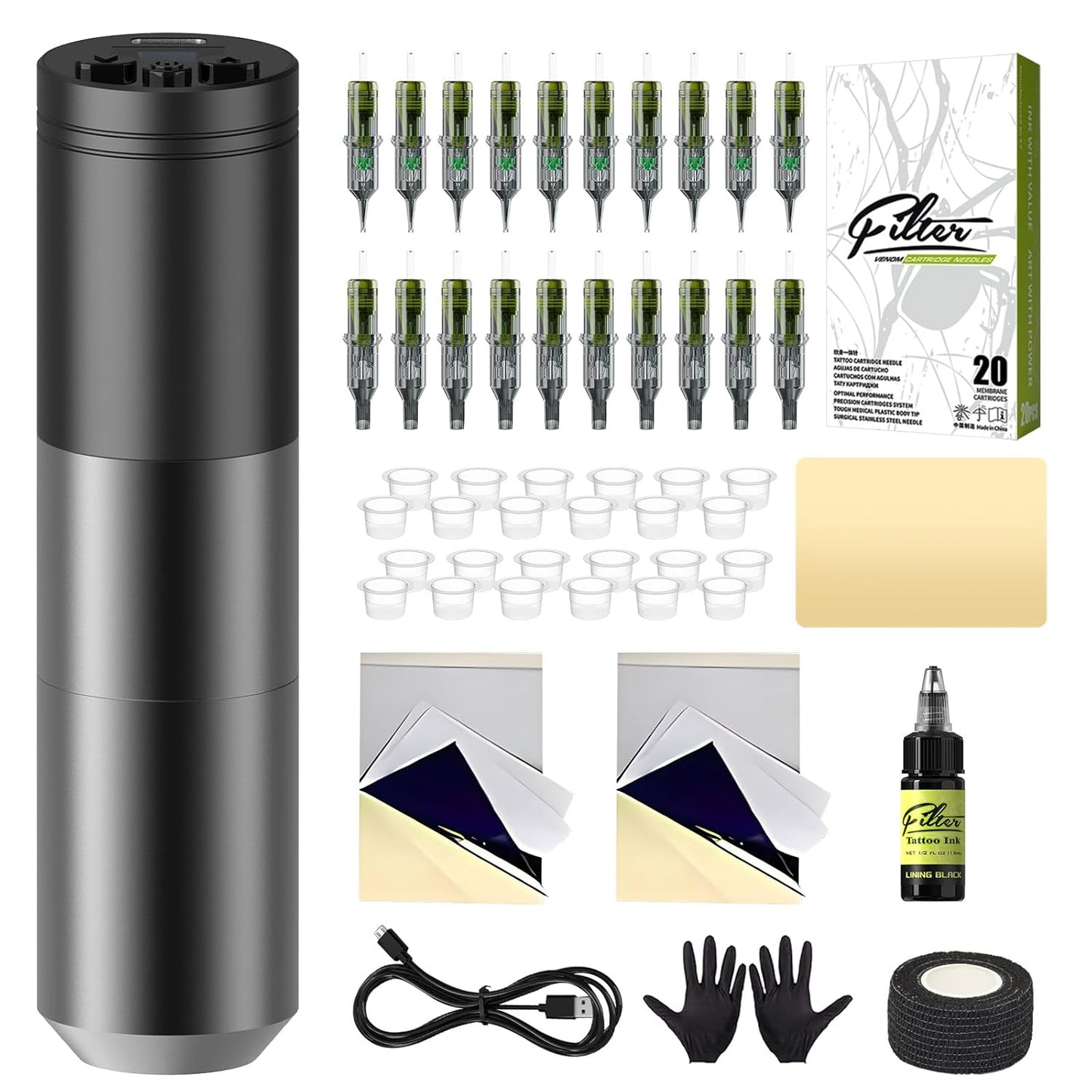 Tattoo Gun Kit - Complete Rotary Machine Pen Set with 1500mAh Battery & 20 Cartridge Needles | Grey