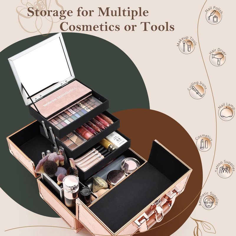 FRENESSA Makeup Case 11.8 Inch Makeup Organizer Case Large Cosmetic Box with Mirror Portable 3 Trays Travel Storage Box for Make Up Nail Tech Kits Cosmetology Case 3D Rose Gold Floral