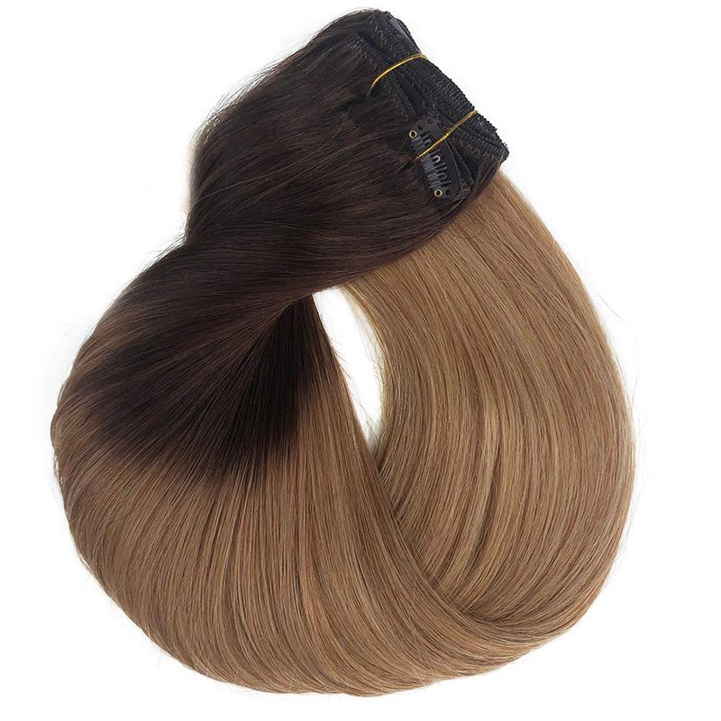 Blonde Clip in Hair Extensions Skin Weft Remy Brazilian Hair Extension 18" 7Pcs 120g Ombre Medium Brown to Strawberry Blonde Highlighted Full Head Straight Soft Thick for Women(#4T27)