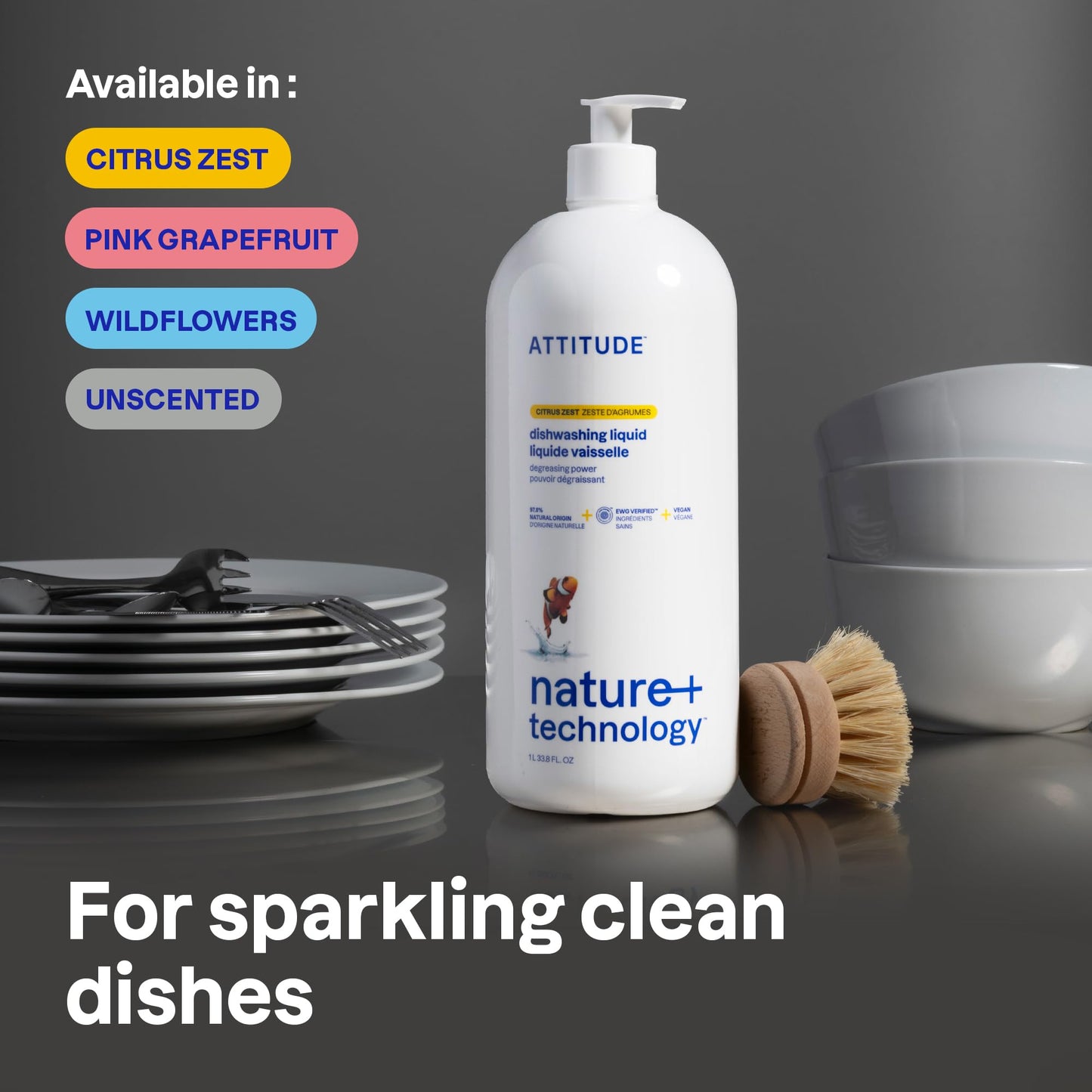 ATTITUDE Dish Soap, EWG Verified, Plant-Based & Vegan Dishwashing Liquid, Naturally Derived, Wildflowers Scent, 33.8 Fl Oz