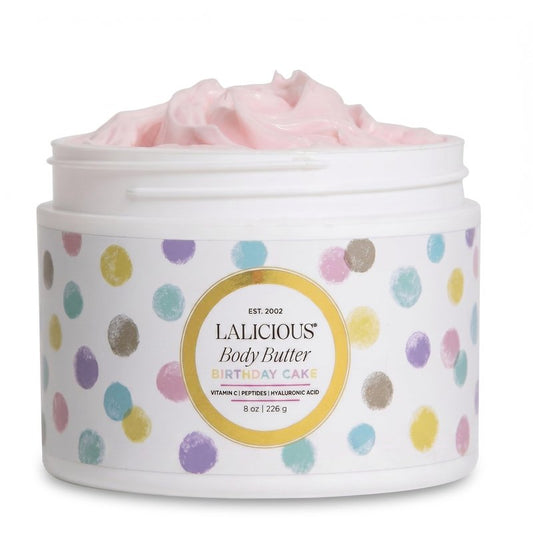 LALICIOUS Birthday Cake Whipped Body Butter 8oz | Ultra-Hydrating Shea Butter Body Cream with Hyaluronic Acid, Vitamin C & Peptides | Deep Moisturizing Lotion for Dry Skin | Firming & Skin-Softening