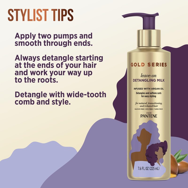 Pantene Gold Series Detangling Milk Hair Treatment for Curly Hair, Natural and Textured Hair, 7.6 Fl Oz Leave-On Hair Detangler Infused with Rich Argan Oil, Dye and Sulfate Free Formula