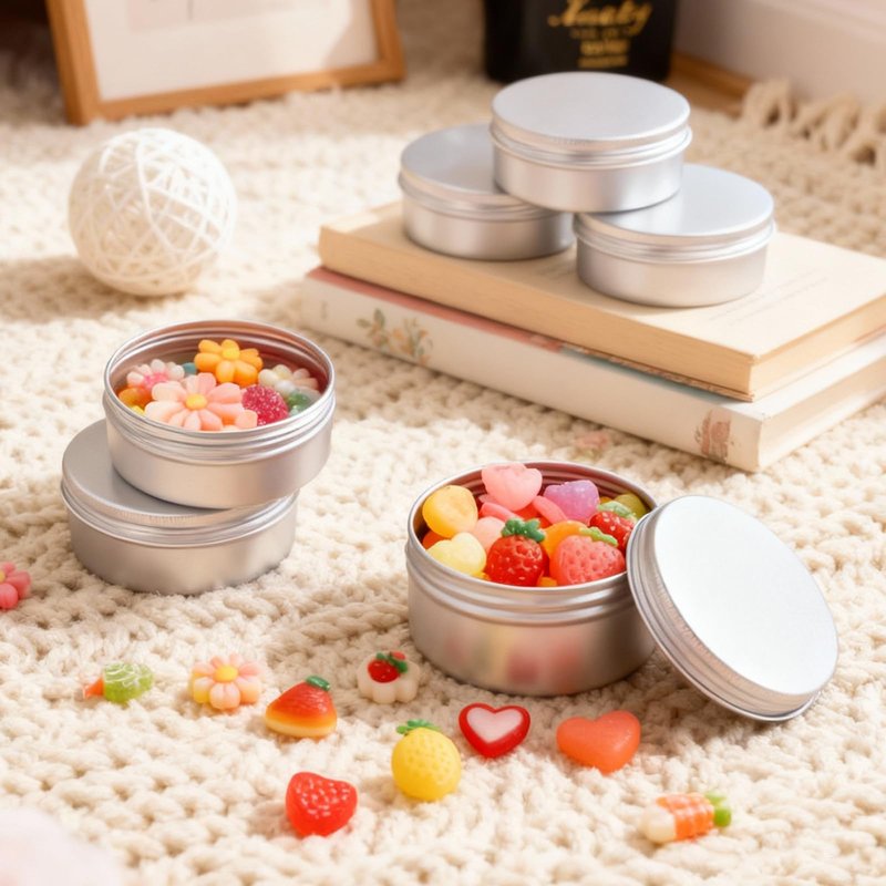 LEXININ 50 Pack Aluminum Tin Cans, 5 Oz Screw Top Tin Jar Containers, 3.26 x 1.5 Inch, Silver