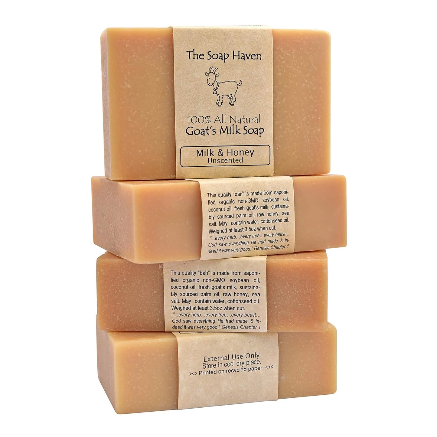 4 Goat Milk Soap Bars with Honey - Handmade in USA. All Natural Soap, Unscented, Fragrance Free, Fresh Goats Milk. Wonderful for Sensitive Skin and Babies. SLS, Paraben, GMO-Free