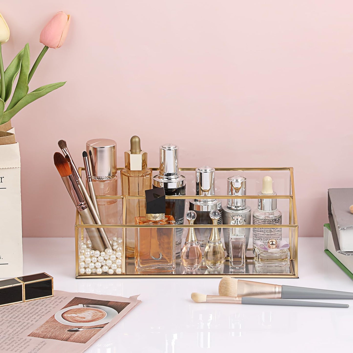 Hipiwe Makeup Organizer Countertop Cosmetic Display Case Gold Glass Vanity Storage Holder 3 Slots Dresser Bathroom Counter Organizer for Makeup Brush Lipsticks Perfume Skincare Products