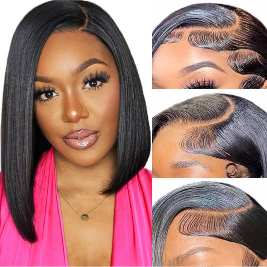 Baseze Bob Wig Human Hair 13x4 Frontal Lace Wig Short Straight HD Lace Front Bob Wigs for Black Women Human Hair Glueless Pre Plucked Hairline with Baby Hair 180% Density (12 Inch,Natural Black