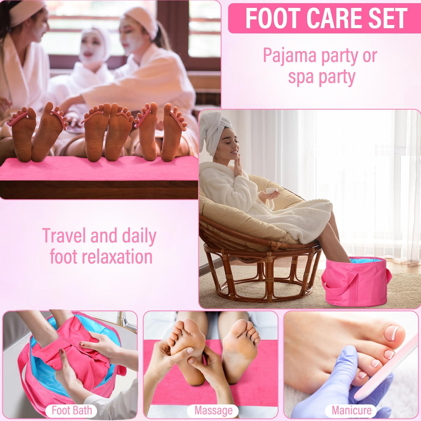 FillTouch 12 Pcs 15L Foldable Foot Soaking Tub Kit Portable Foot Bath Tub Foldable Foot Basin Bath Foot Tub for Soaking Feet with Towel and Storage Bag Soak Spa Bucket for Travel Camping(Rose Red)