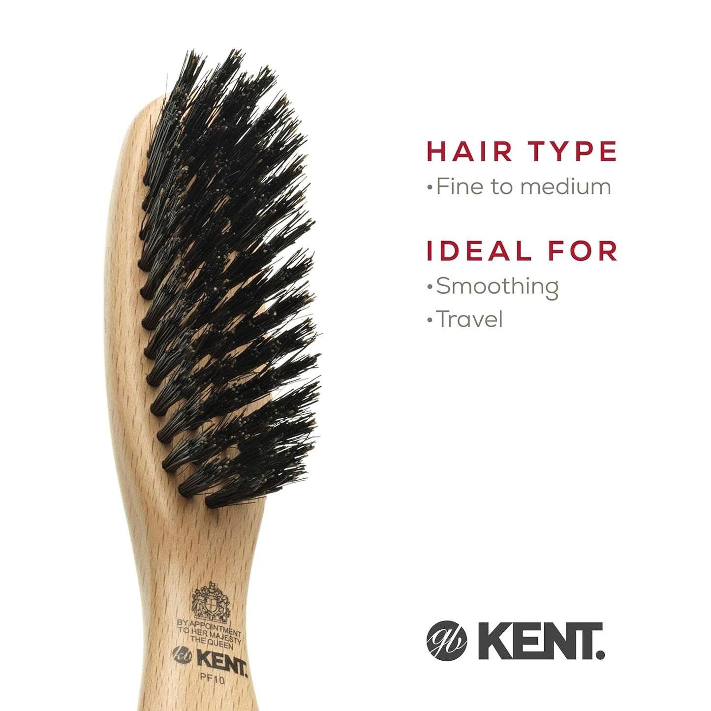 Kent PF10 Boar Bristle Brush - Natural Hair Straightening & Smoothing | Travel-Friendly for Short to Medium Hair