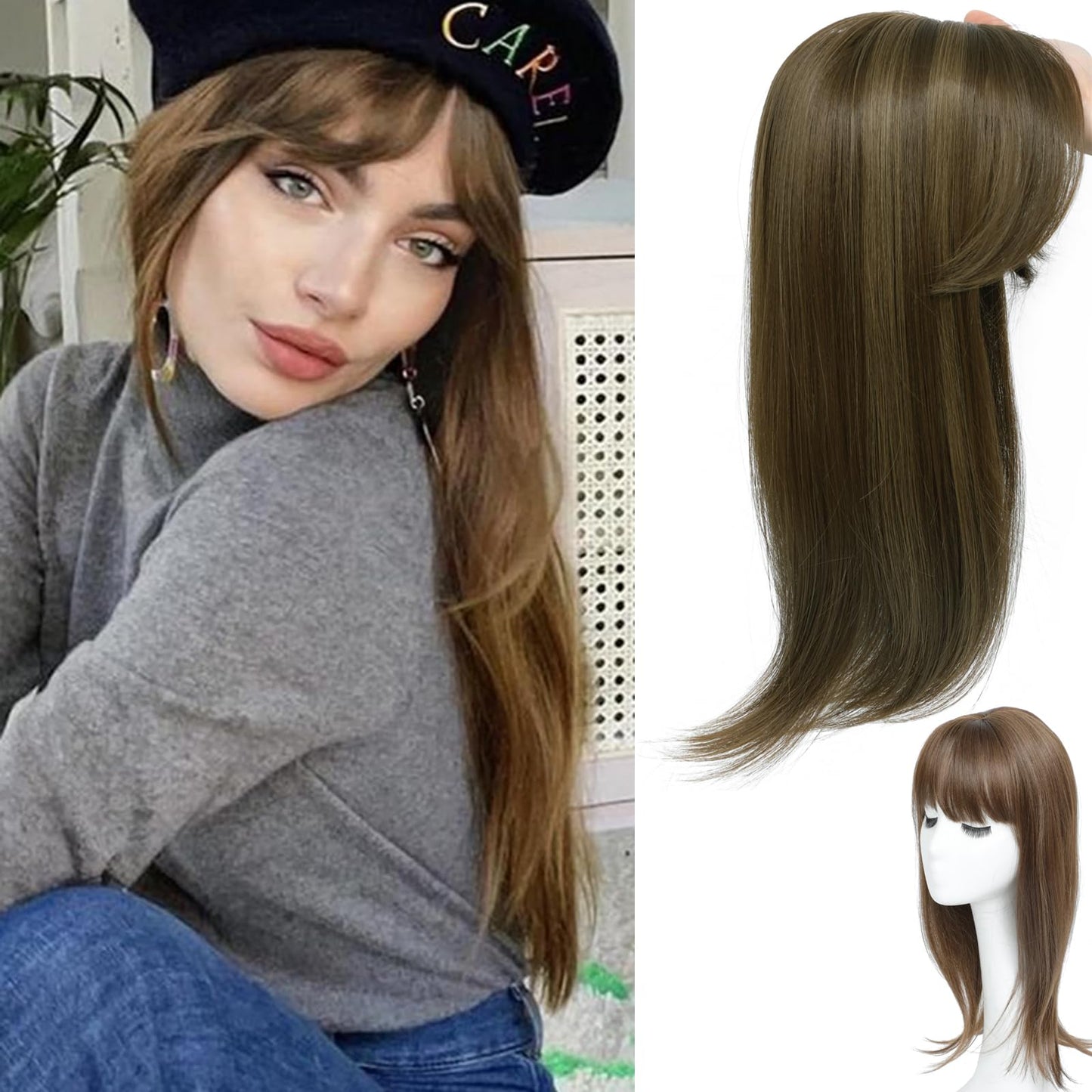 RMYHIG Hair Topper, 360° 3D Hair Toppers for Women with Thinning, 18 Inch Long Pieces for Women Clip in Wispy or Side Bangs(Black, 3D Wispy Bangs)