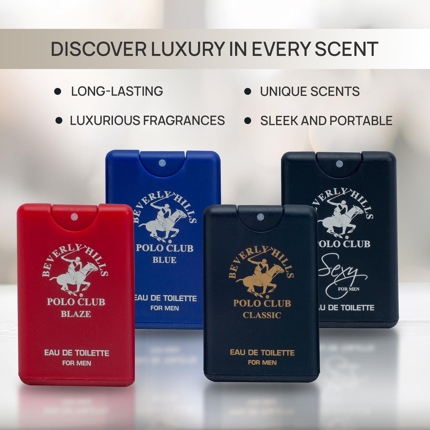 Beverly Hills Polo Club MENS 4PC 20ML POCKET SPRAY - ORIGINAL STRIPED - CONTAINS BLAZE/CLASSIC/BLUE/SEXY