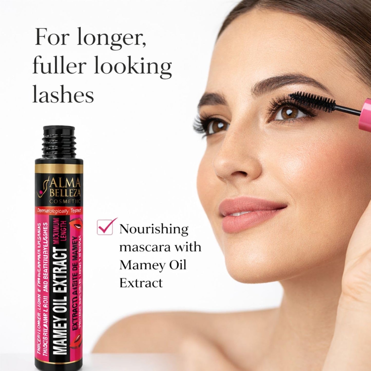 Mamey oil extract mascara maximum length ALMA BELLEZA NET WT. 0.45 oz MAXIMUM LENGHT Pestanas mas gruesas Largas & Bonitas Water Proof "Intense Black "
