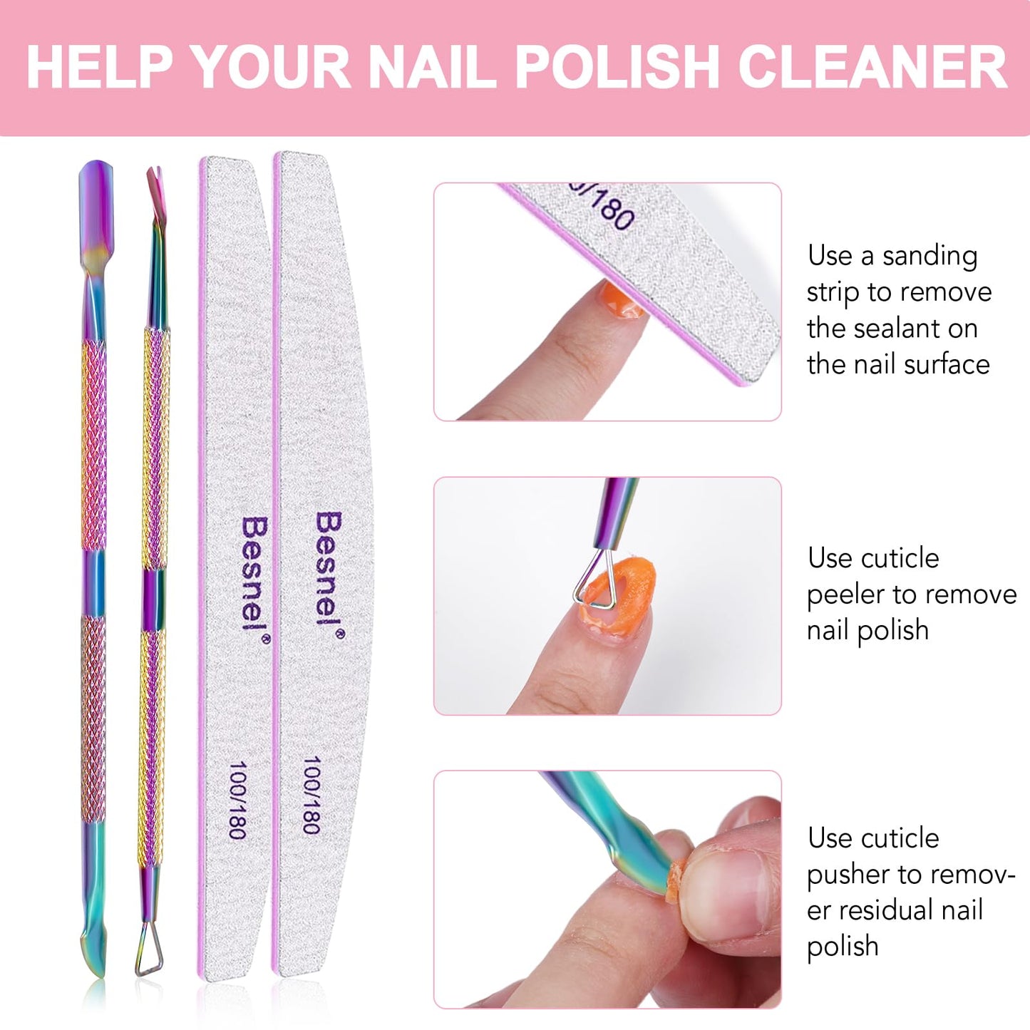 Gel Nail Polish Remover 10 Pack Professional Gel Polish Remover Non-Irritating Quick Easy, Nail Polish Gel Remover Tools Kit Nail File Cuticle Pusher File Grit, No Need For Foil Soaking Or Wrapping