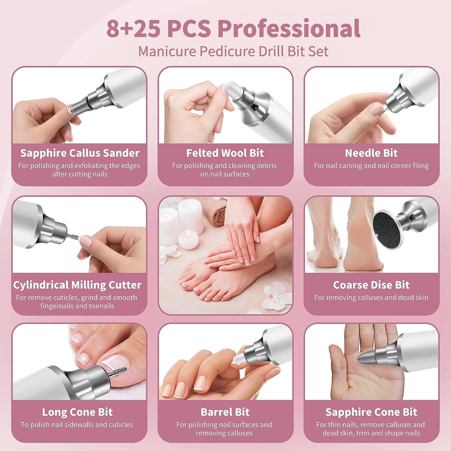Electric Nail Drill Kit, Cordless Manicure Pedicure Kit with Memory Modes, 15 Speed Portable Nail Drill Machine, Callus Remover with 25Pcs Sandpaper Discs,Hand Foot Care Tool for Thick Nail Toenail