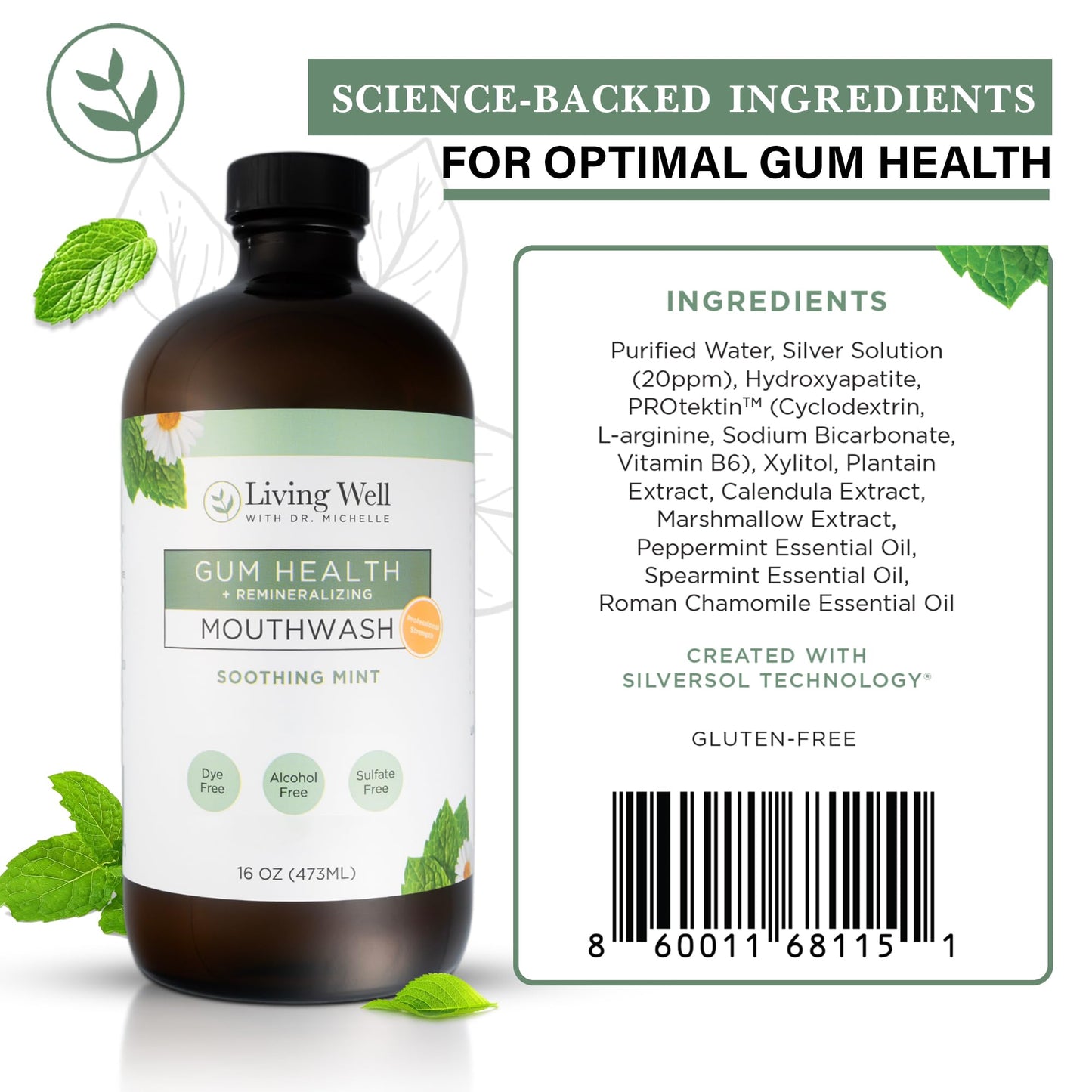 Living Well with Dr. Michelle Remineralizing + Gum Health Mouthwash – Soothing Mint | Hydroxyapatite, Colloidal Silver | Alcohol-Free, Fluoride-Free, Fresh Breath Support