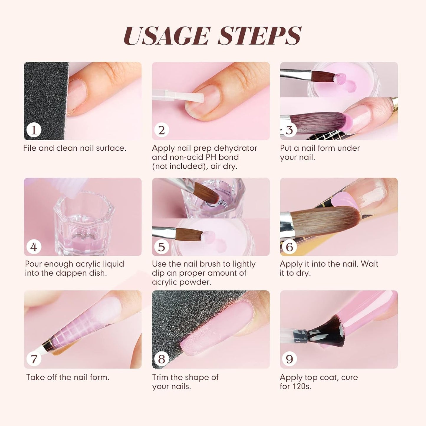 Acrylic Nail Starter Kit - Clear Pink Nude Powder & Liquid, Brush, Files | Home Practice Set