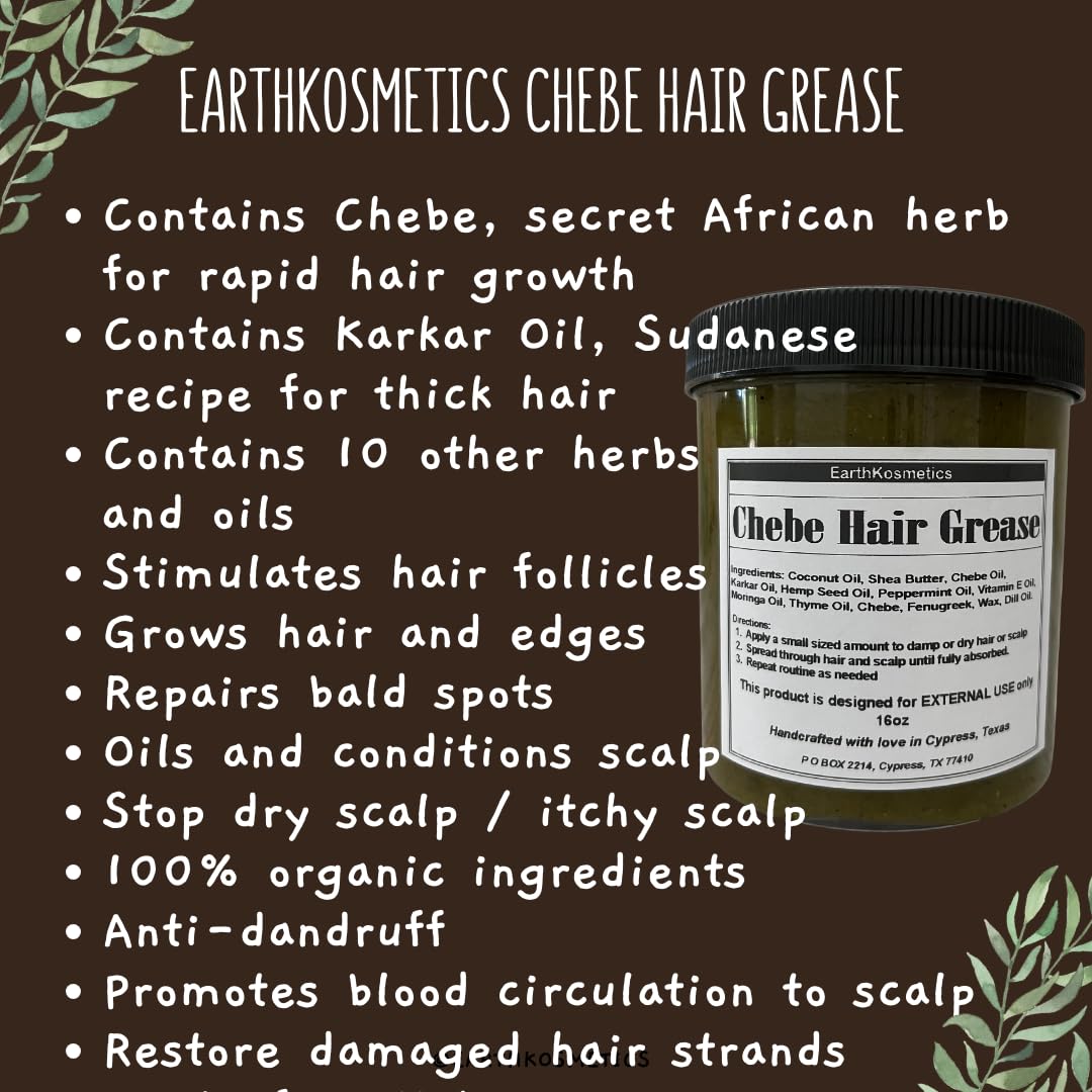 Chebe Grease stimulates Hair Follicles for Growth and Reverses Bald Spots. It contains Chebe Powder, Karkar Oil plus Potent Herbs and Oils (Neem, Moringa, Fenugreek, Rosemary, etc.) 6.05 Oz