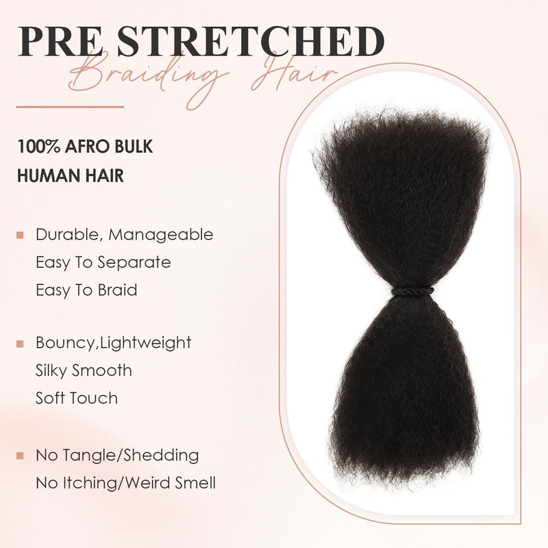 Braiding Hair Pre Stretched Afro Kinkys Bulk Human Hair Kinky Straight Bulk Human Braiding Hair For Braids, Dreadlocks, Loc Repair, Soft Texture (12Inch, 50g/Pack)