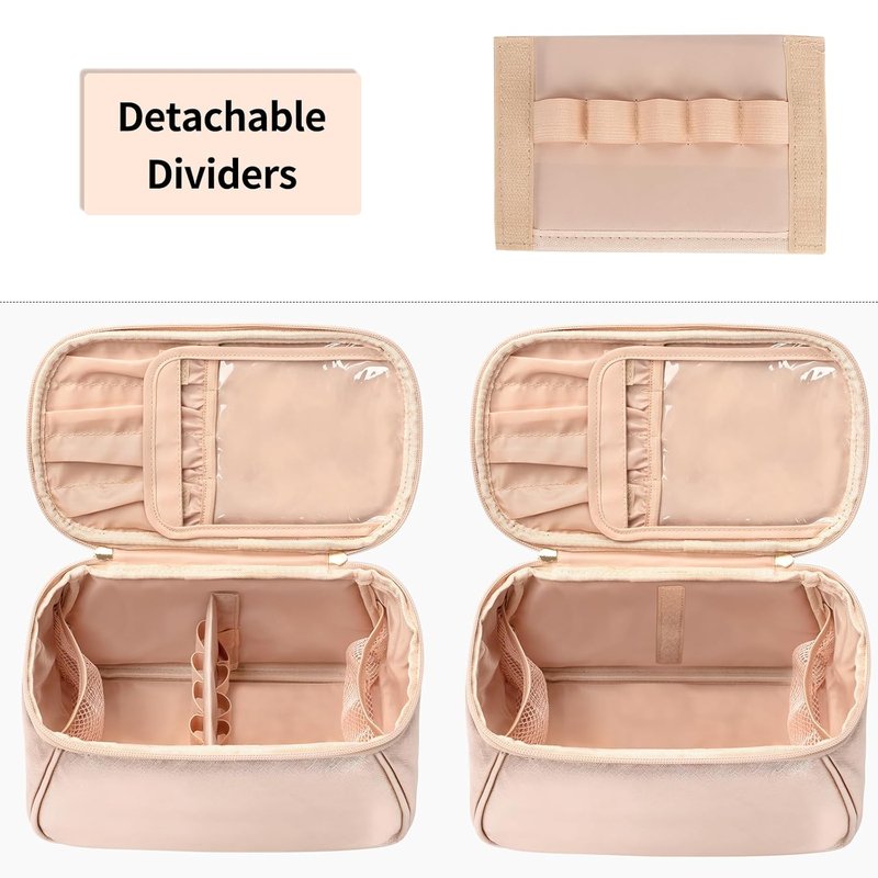 Large Makeup Bag Organizer for Women - Travel Cosmetic Bag with Divider & Handle | Rose Gold