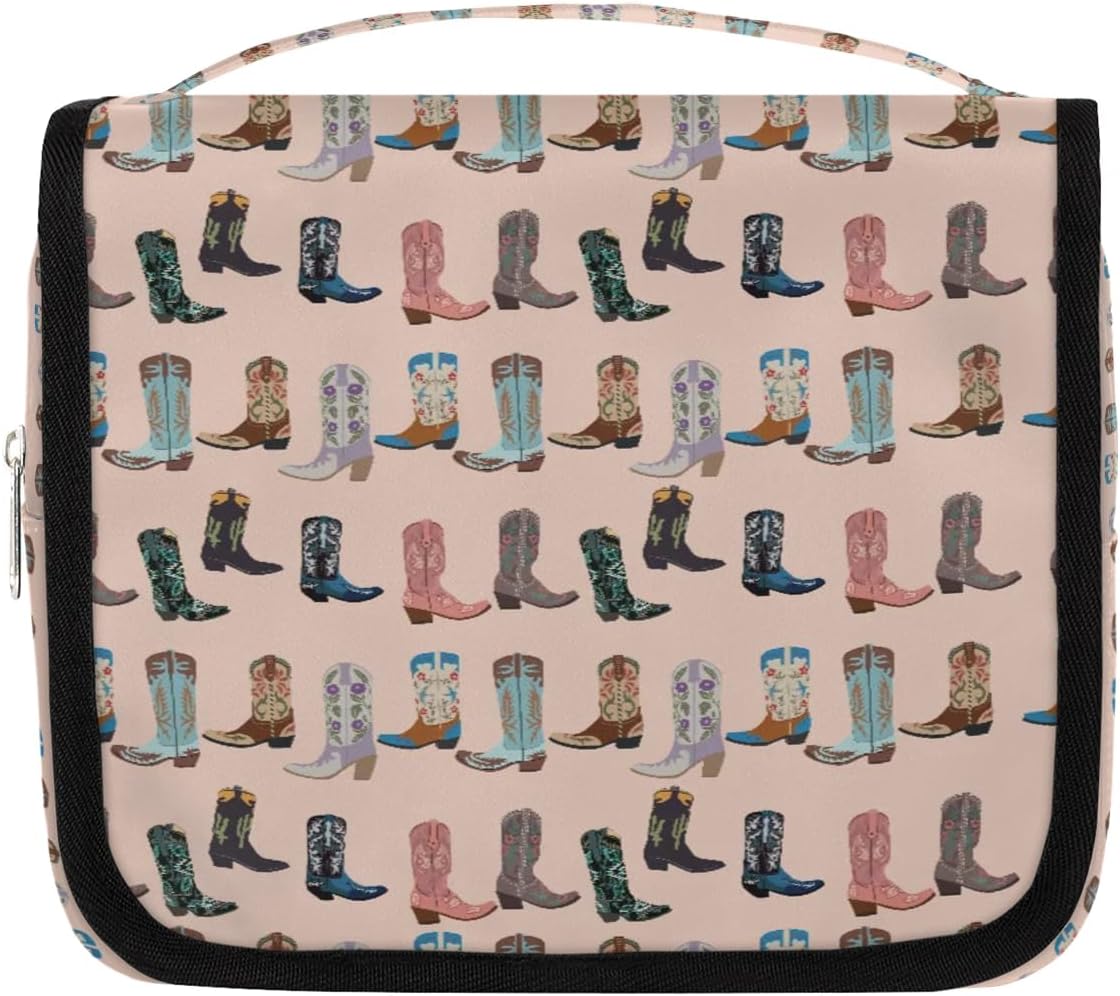 Travel Toiletry Bag - Pink Retro Western Print | Large Makeup Organizer with Hanging Hook